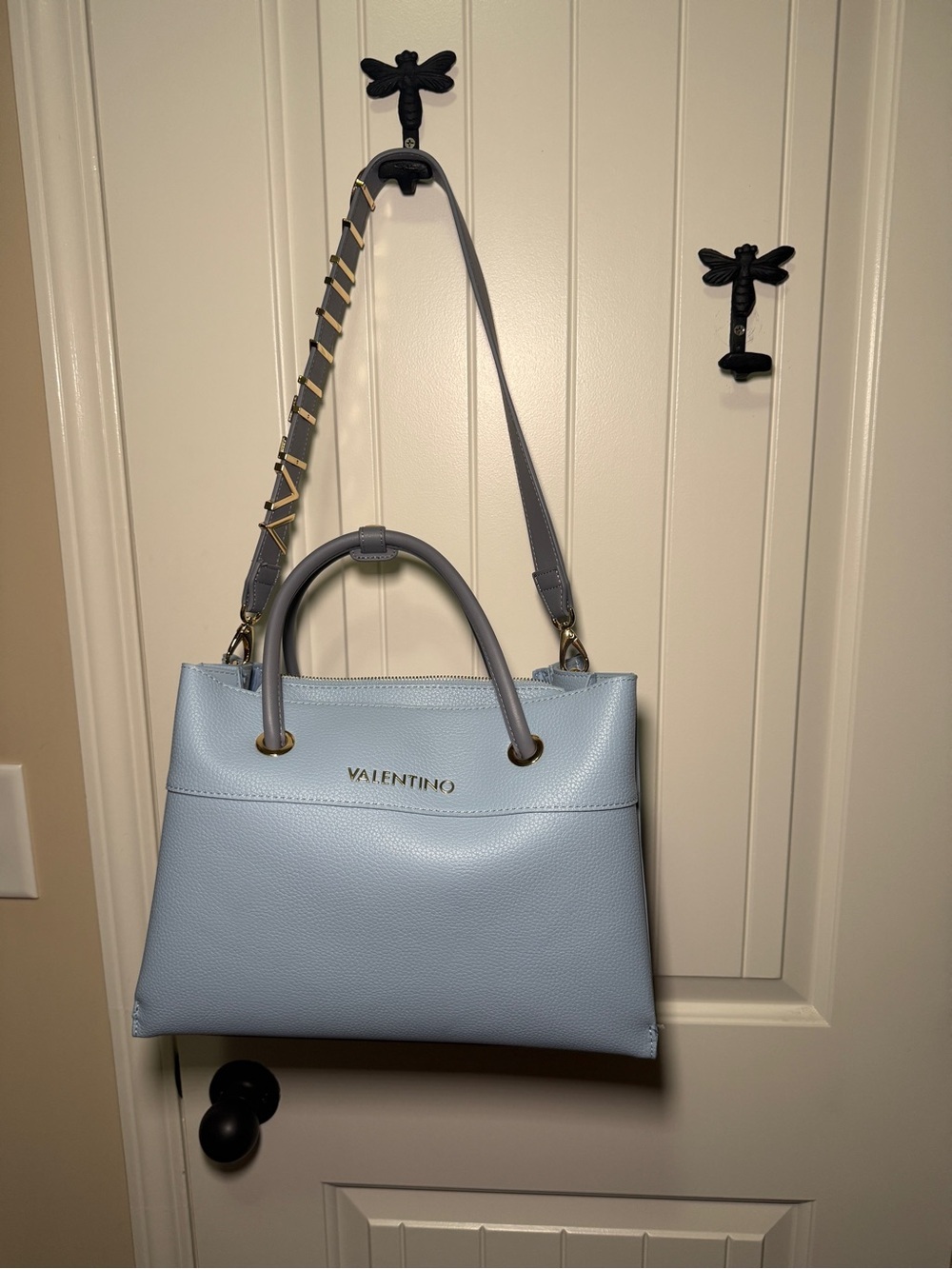 Mario Valentino Powder Blue Leather Satchel with Adjustable Strap